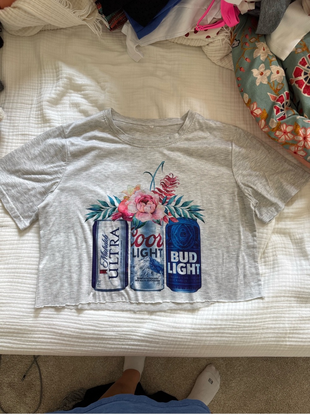 Gray Floral Beer-Can Graphic Crop Top